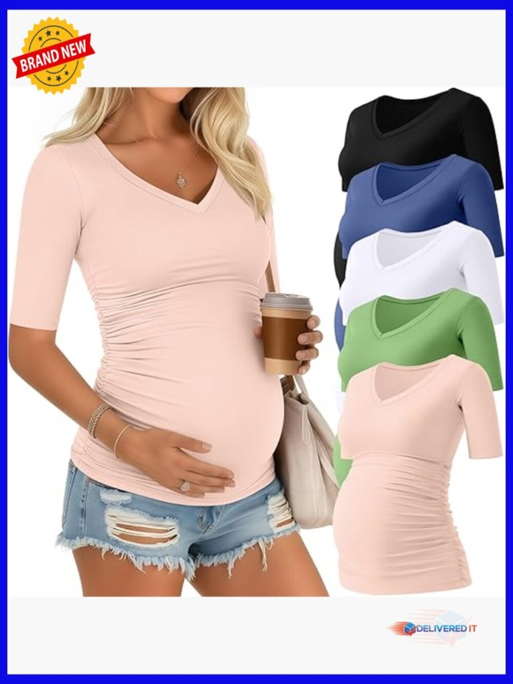 5 Pack Maternity Tops V Neck Half Sleeve Side Ruched Casual Tee